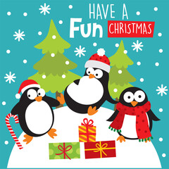 Cute Penguins with Christmas Tree Background and gifts