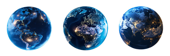 Earth globe night lights view set on a transparent background, earth globe, or planet satellite view of the night	