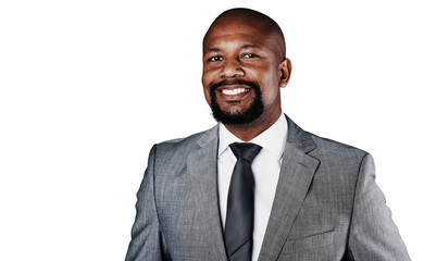 Portrait, business and happy black man in suit, entrepreneur or worker isolated on a transparent png background. Face, smile and professional agent, corporate employee and African person in Kenya - obrazy, fototapety, plakaty