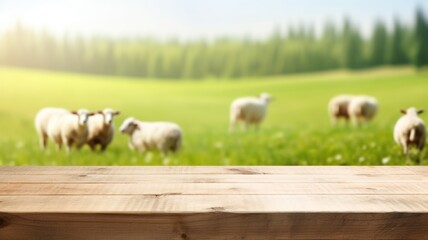 The empty wooden brown table top with blur background of sheep pasture. Exuberant image. generative AI