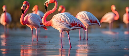 Flamingos in salt marsh of Castro Marim, Portugal. - obrazy, fototapety, plakaty