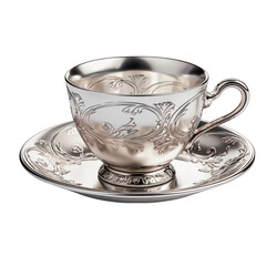 Silver Teacup and Saucer Isolated on Transparent or White Background, PNG