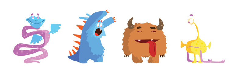 Funny Monster Character with Horn and Wing Vector Set