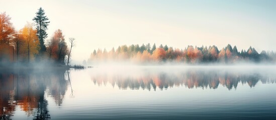 Misty morning lake shore with trees, reflected in water, serene natural scene.