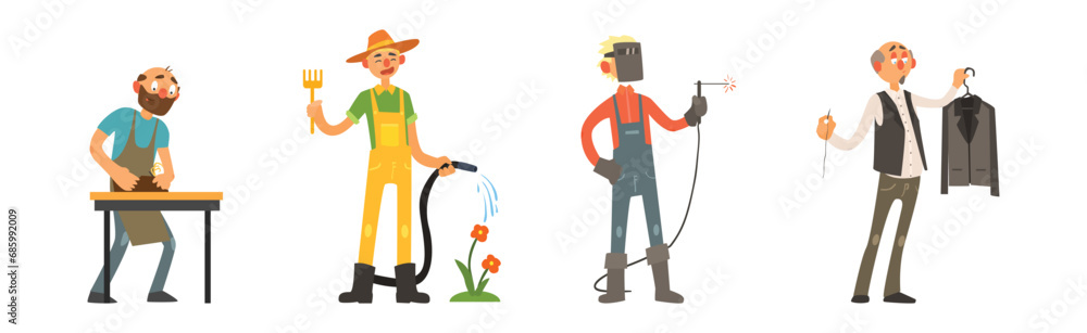 Poster funny man character engaged in different occupation vector set