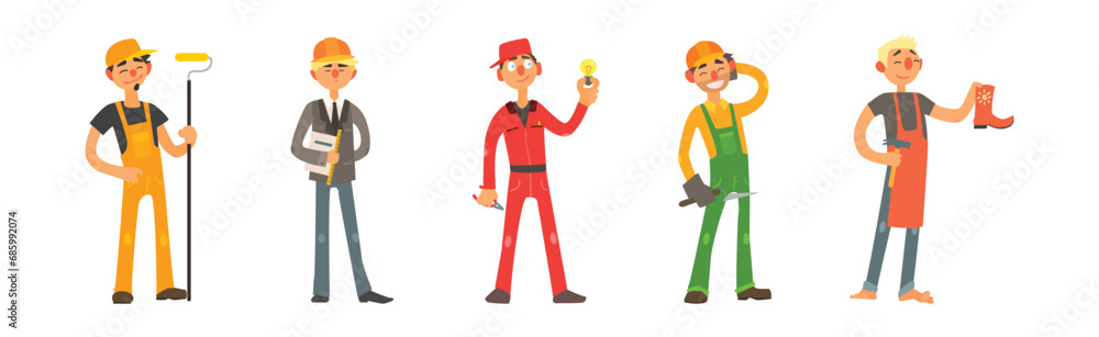 Poster funny man character engaged in different occupation vector set