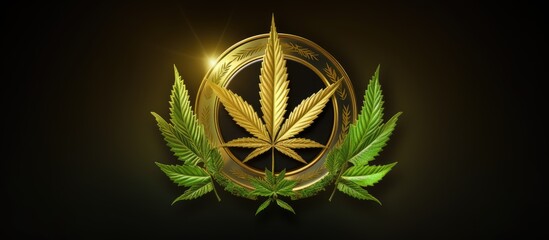 Marijuana symbol on golden emblem with bad text. - obrazy, fototapety, plakaty