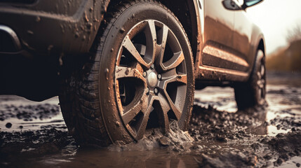 The car got stuck in wet mud. Close-up of a car wheel in the mud. Off-road after rain - obrazy, fototapety, plakaty