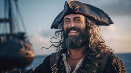 Fototapeta premium Male pirate on a ship against the backdrop of a calm sea