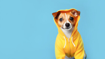 Charming dog in a yellow hoodie on a light blue background