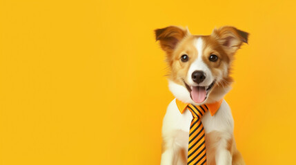 Charming dog wearing a tie on a yellow background - obrazy, fototapety, plakaty