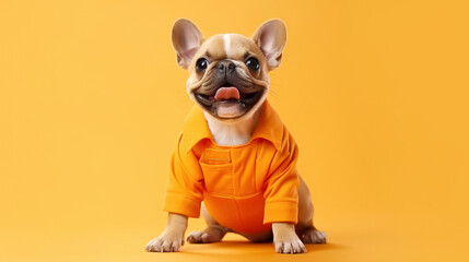 Charming dog in an orange jumpsuit on an orange background