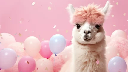 Gordijnen Fluffy white alpaca on a festive pink background with balloons © Daria17