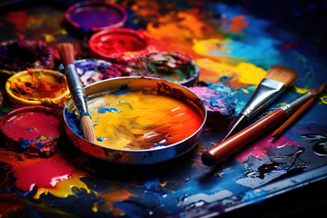 Artist's Palette with a Spectrum of Vibrant Oil Paints and Brushes