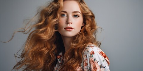 young woman with long hair in a floral dress for her portrait, generative AI