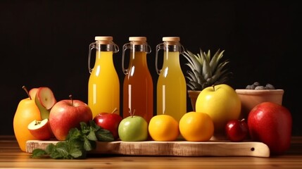 Front close view of organic fresh juices in bottles Ai Generative