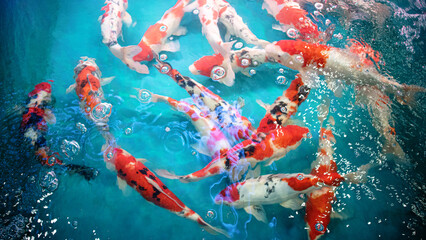  Koi fish cluster together. underwater fishes nishikigoi.koi Asian Japanese wildlife colorful Koi...
