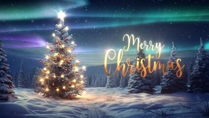 Merry Christmas greeting text, magical sparkling glowing christmas tree in the snowy forest at night with animated aurora borealis, 4k loop