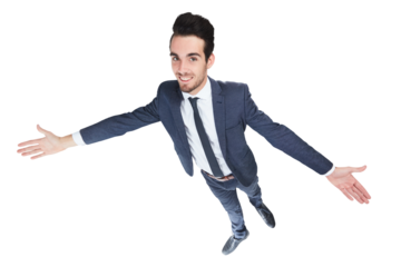 Business, fashion and portrait of happy man with open hands on isolated, transparent or png background. Corporate, style and face of stylish entrepreneur from above with palm gesture for size measure