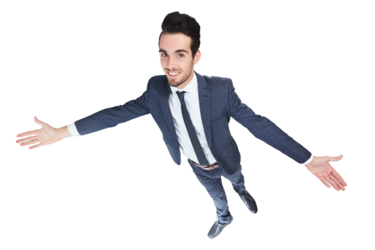 Business, fashion and portrait of happy man with open hands on isolated, transparent or png background. Corporate, style and face of stylish entrepreneur from above with palm gesture for size measure