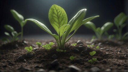 a green plant grows out of the ground
