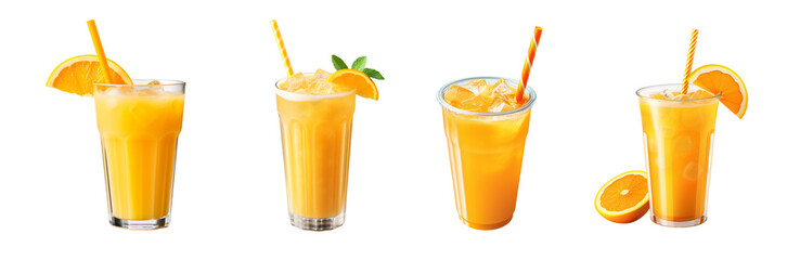 fresh orange juice glass set with an orange slice and a straw isolated on a transparent background for a cafe or restaurant menu, a cold fruit beverage drink with ice cubes PNG	 - Powered by Adobe