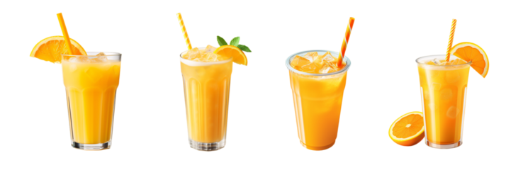 fresh orange juice glass set with an orange slice and a straw isolated on a transparent background for a cafe or restaurant menu, a cold fruit beverage drink with ice cubes PNG	