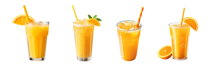 Poster fresh orange juice glass set with an orange slice and a straw isolated on a transparent background for a cafe or restaurant menu, a cold fruit beverage drink with ice cubes PNG  © graphicbeezstock