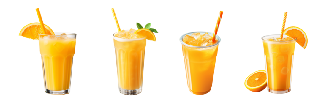 fresh orange juice glass set with an orange slice and a straw isolated on a transparent background for a cafe or restaurant menu, a cold fruit beverage drink with ice cubes PNG	