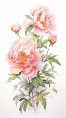 Bouquet of beautiful soft pink peony flowers on white background, watercolor illustration