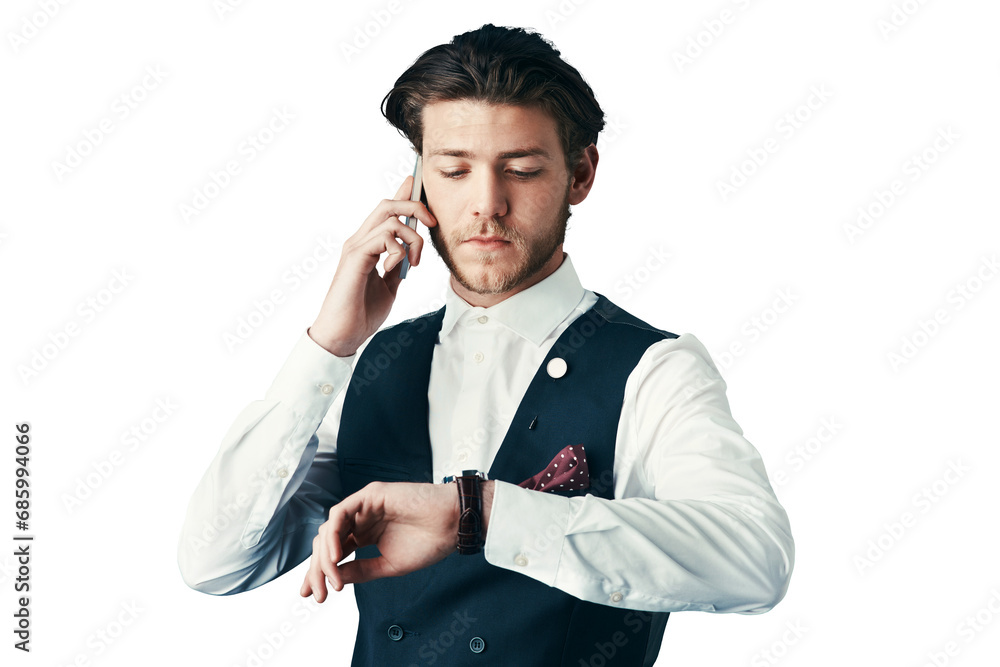 Poster Business, man and checking time with phone call for schedule isolated on png transparent background. Person, smartphone and watch for contact, appointment or networking with deadline or discussion