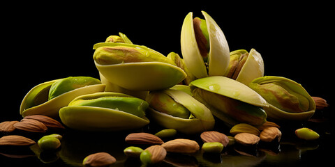 Organic Pistachio Nuts on black background Exploring the Health Benefits and Side Effects of Pistachios Exploring the Nutritional Power of Organic Pistachio Nuts AI Generative   