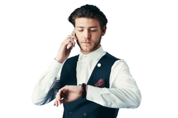 Business, man and checking time with phone call for schedule isolated on png transparent background. Person, smartphone and watch for contact, appointment or networking with deadline or discussion