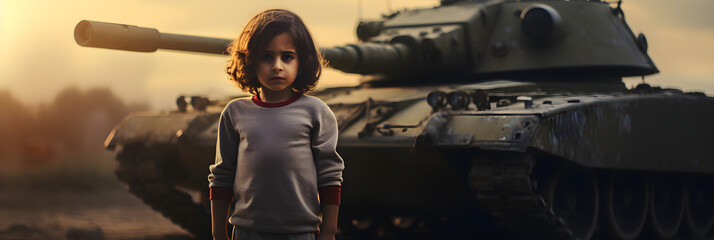 little Palestinian child standing in front of tank - obrazy, fototapety, plakaty