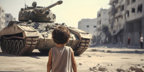 little Palestinian child standing in front of tank - obrazy, fototapety, plakaty