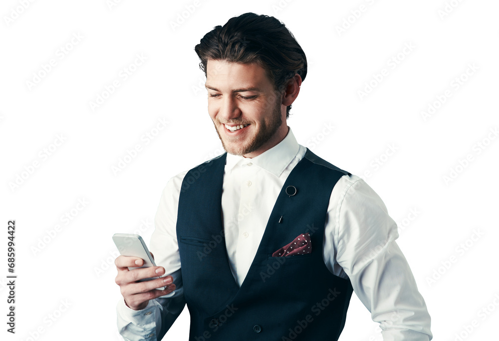 Poster smile, business man typing on smartphone and social media, networking or internet search. happy prof