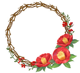 椿と南天　リース　素材　和風　飾り枠　年賀　正月　新春　挿絵　白バック