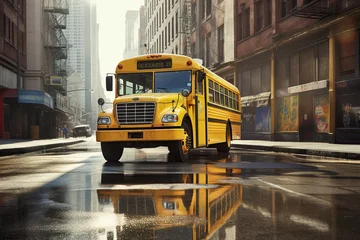  A new yellow school bus on a sunny day on the streets of a beautiful stylish cute pastel. yellow school bus driving in city background. © Naknakhone