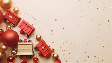 Festive vibes abound! Top view of rustic gift boxes, red and gold ornaments, train-themed tree decoration, jingle bells, and shiny confetti on a soft pastel backdrop. Perfect for New Year preparations