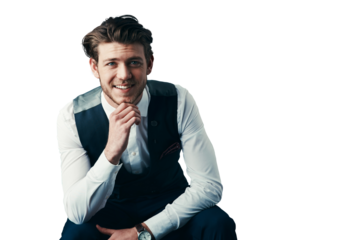 Portrait, happy and creative businessman in chair isolated on transparent png background with trendy fashion. Designer, startup entrepreneur and man with confidence, smile and small business owner.