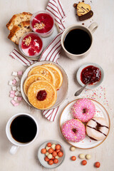 Delicious american dessert table with coffee.