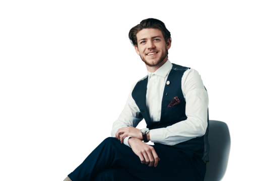 Portrait, smile and creative businessman in chair isolated on transparent png background with trendy fashion. Designer, startup entrepreneur and happy man with confidence, ambition and small business