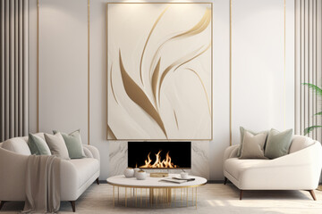 A modern living room with a tasteful and elegant design, white walls, fireplace, light wood floor, two gray sofas. A round coffee table with a gold base