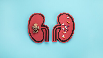 Kidney and differents pills on blue background. Organ diseases and treatment