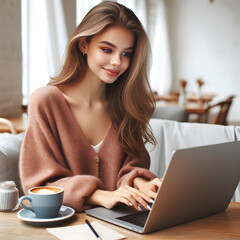 Fototapeta premium A beautiful young woman working on her laptop in a cafe setting.