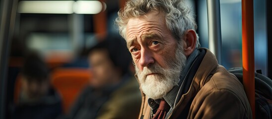 Middle-aged man on a bus near a window.