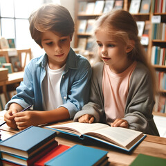 Two children are engrossed in reading a book together in a bookstore setting.