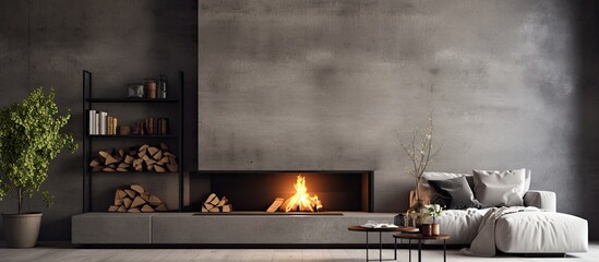 Living room with concrete wall and fireplace mounted on wall.