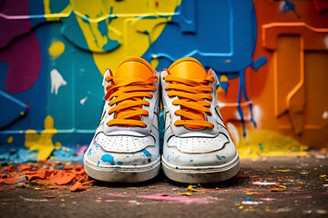 Weiße Sneaker mit orangenen Schnürsenkeln vor einer Graffiti Wand 