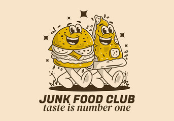 Junk Food club, taste is number one. Character illustration of walking burger and pizza